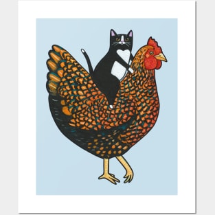 Tuxedo Cat On  A Wyandotte Chicken Posters and Art